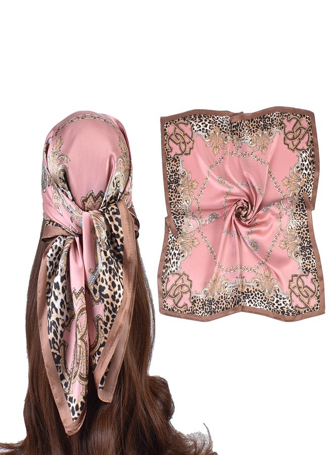 EIysee 27.5 Inches Silk Head Scarf for Women Satin Hair Scarf Silk Wrap Neck Square Scarves Feeling Scarf Boho Headwear (pink-leopard print chain) - Image 1